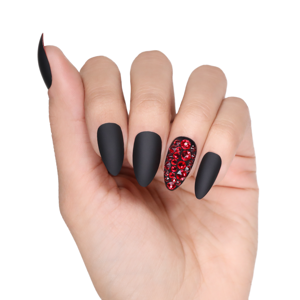 Matte Black Stiletto Press-on Nails with Red Crystal Accent nails